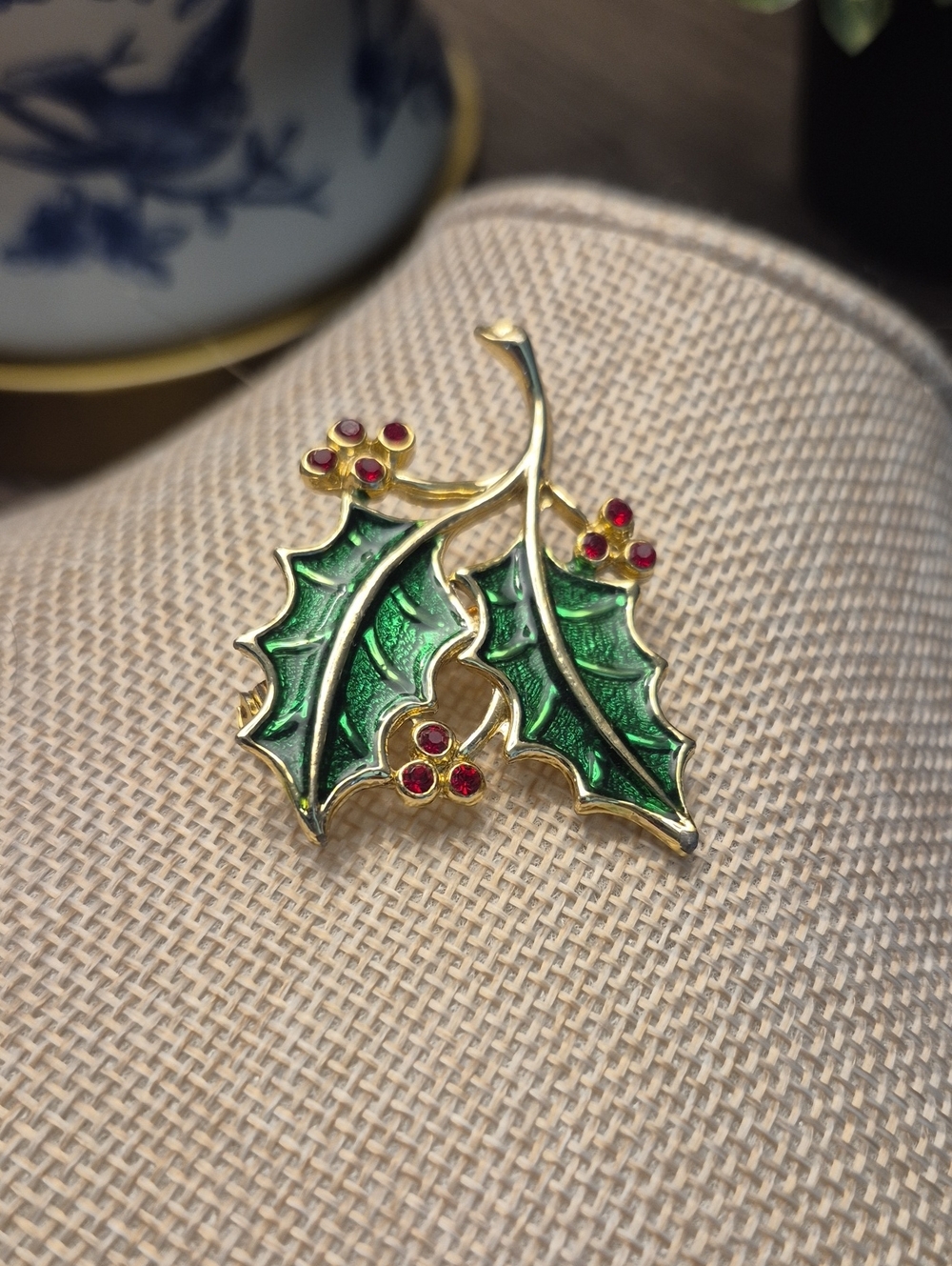 Beatrix Gold-Tone Green Enamel Holly Leaf Brooch with Red Accents